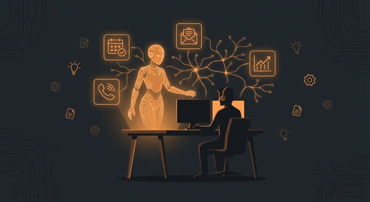 Assistant virtuel IA pour freelance avec icônes de productivité