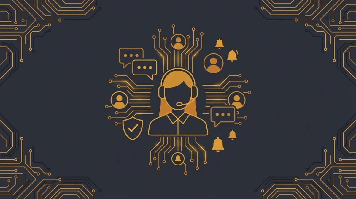 Copilote IA pour community managers avec icones de reseaux sociaux et automatisation