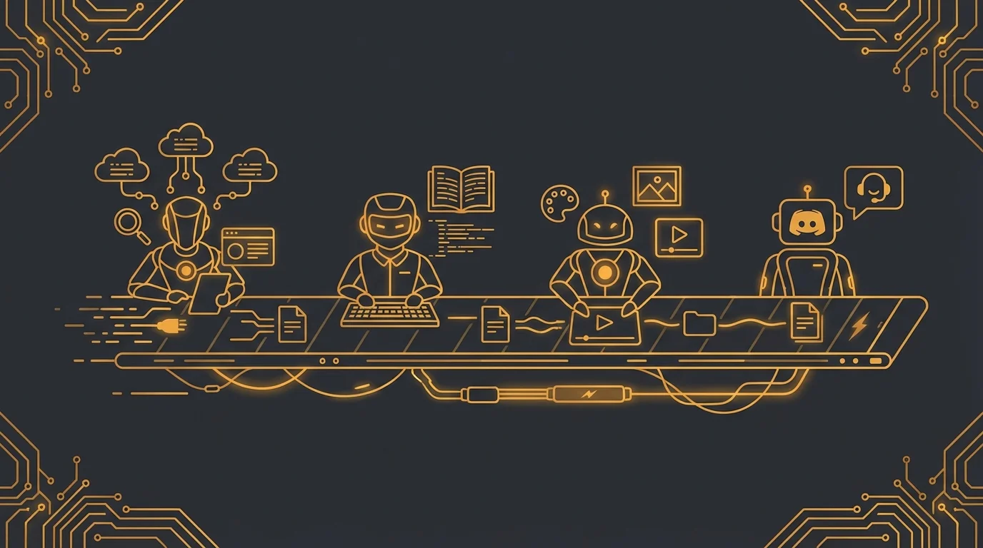 Un pipeline de production de contenu avec trois channels Discord: research, scripts, thumbnails