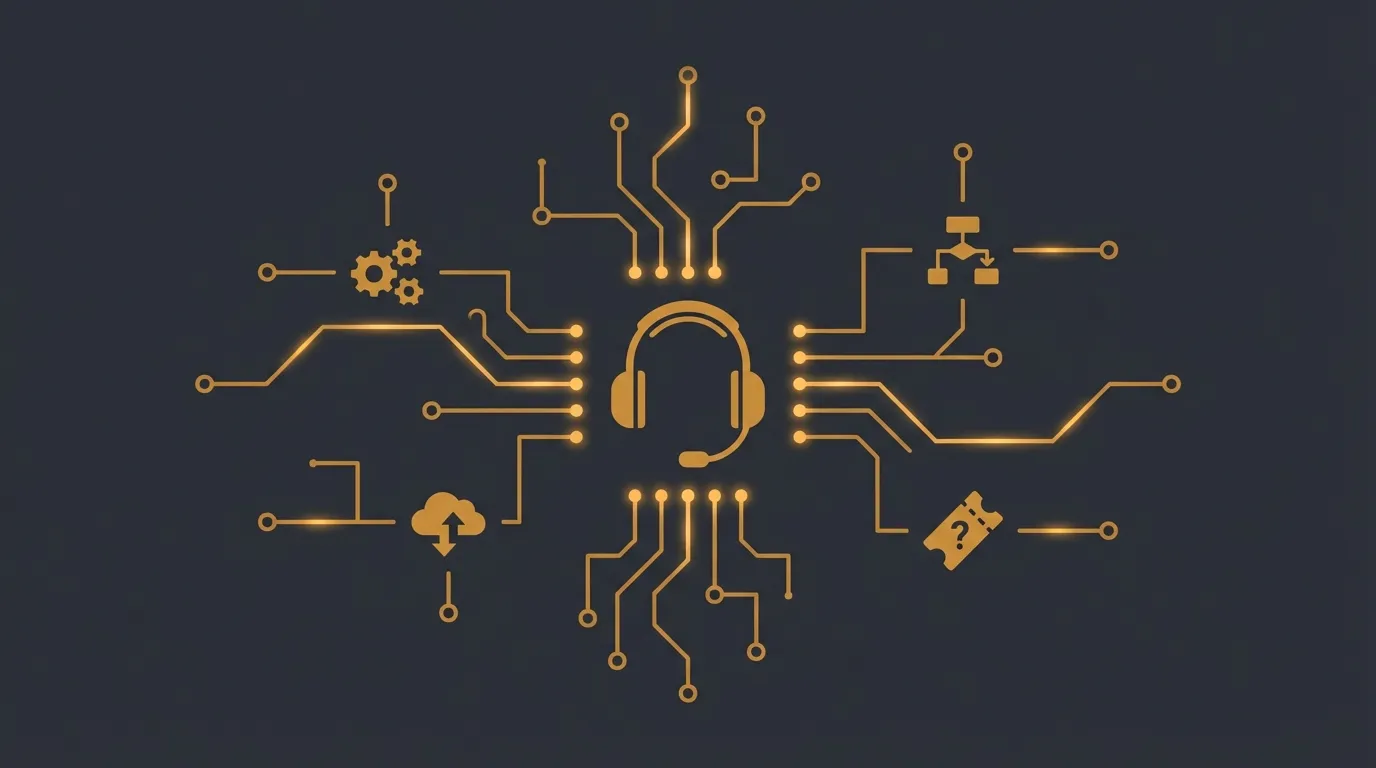 AI customer service automation dashboard on dark background with orange accents