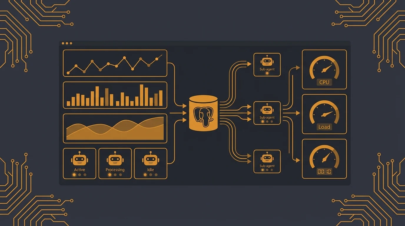 Real-time dashboard with glowing orange metric panels connected by parallel agent data streams