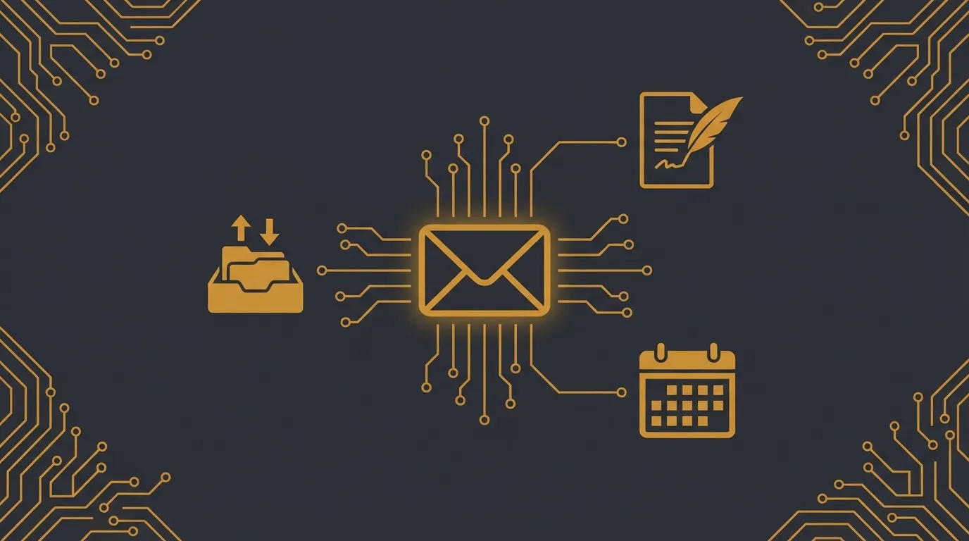 Dark tech illustration of an email inbox being sorted into triage, newsletter, and reply queues