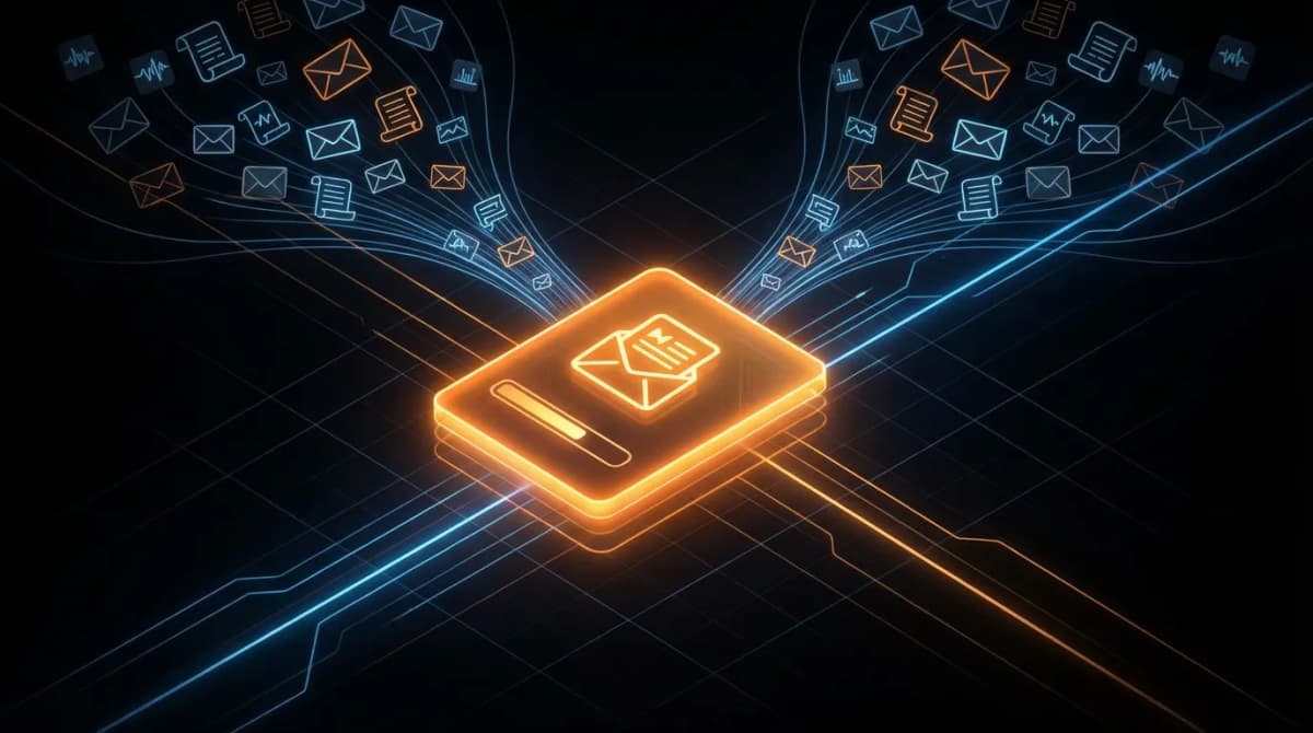 Dark tech illustration of an email inbox being summarized into a single glowing orange digest