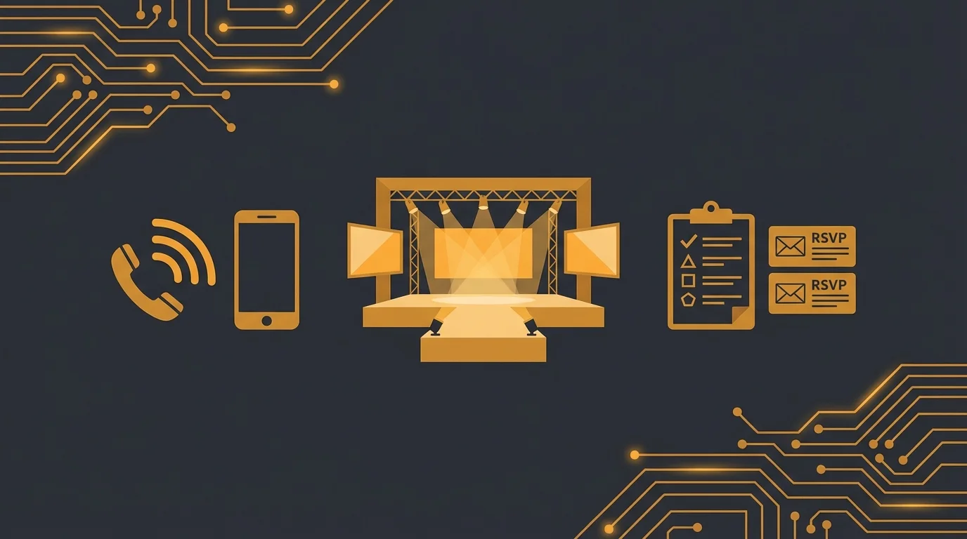 AI voice assistant making phone calls with guest list and confirmation status on dark background with orange accents