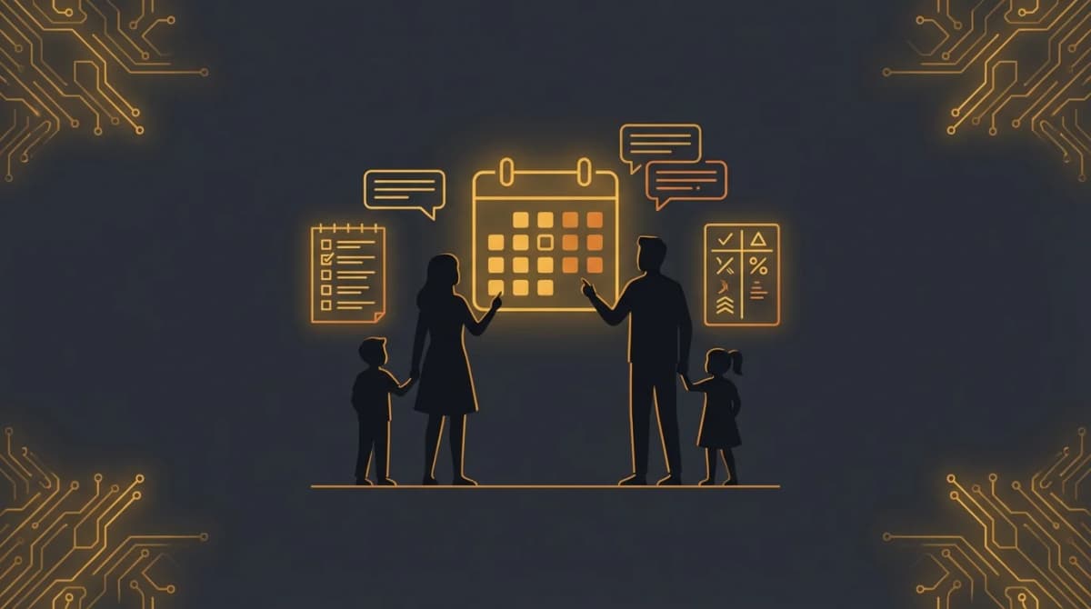 A dark UI showing a shared family calendar, school reminders, and a grocery list