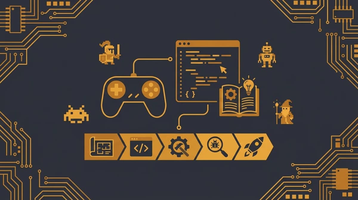 Pipeline autonome de developpement de jeux avec OpenClaw, manette et icones code orange lumineux