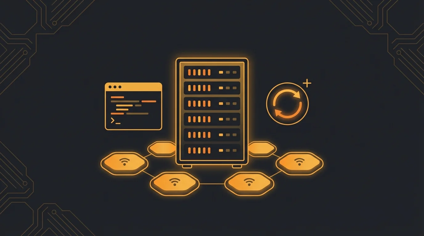 Serveur domestique auto-reparant avec OpenClaw, racks de serveurs et dashboards orange lumineux