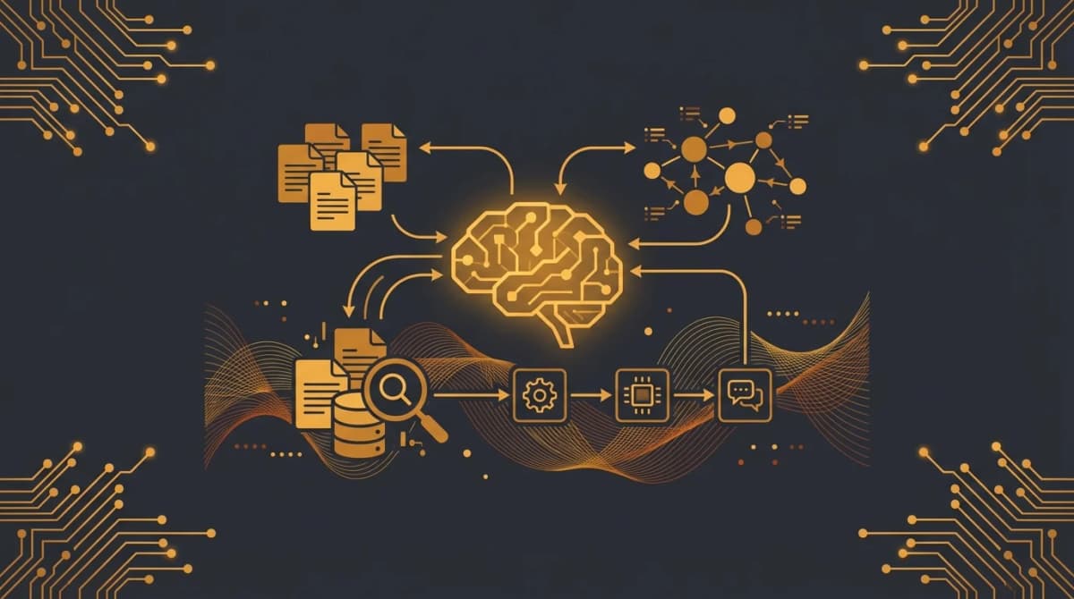 Knowledge base concept with glowing orange document icons and search interface on dark background