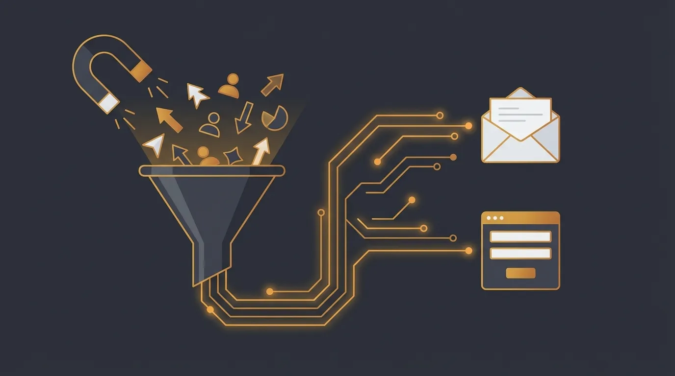 Funnel lead generation avec chatbot sur fond sombre et accents orange