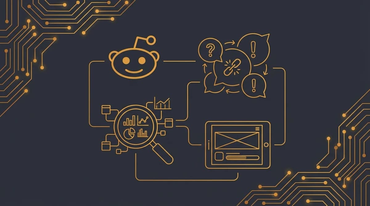 Pipeline de recherche marché depuis Reddit et X vers idées produit, style sombre avec accents orange