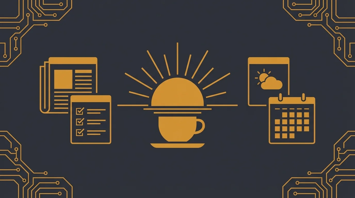 A dark themed morning report card with sections for agenda, priorities, and follow-ups