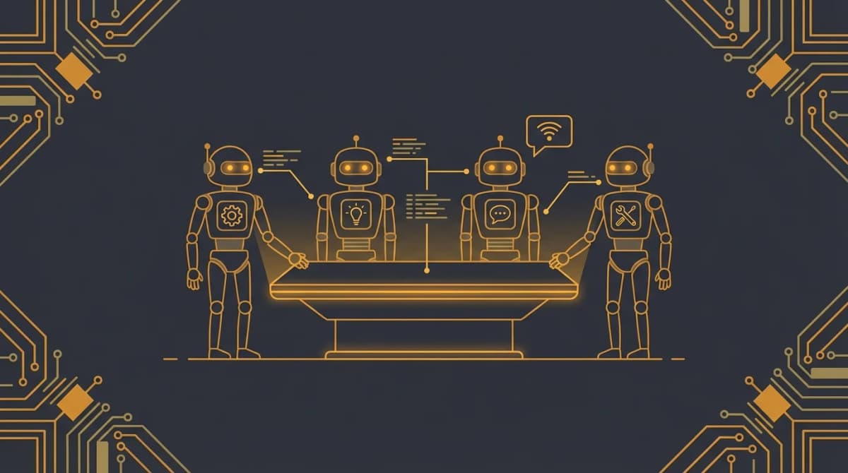 A dark control room illustration showing multiple specialized agents collaborating