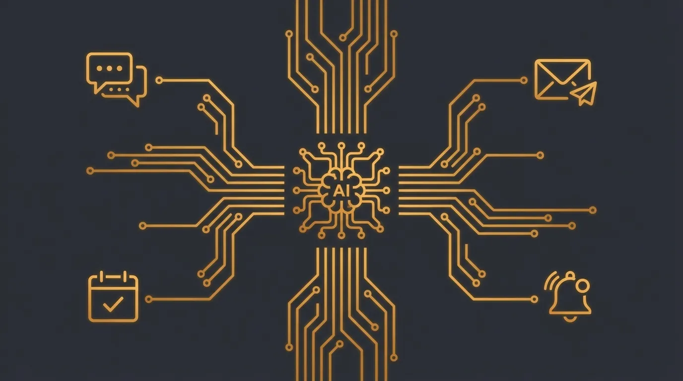 Dark tech illustration of multiple communication tools connected by routing lines and approval checkpoints