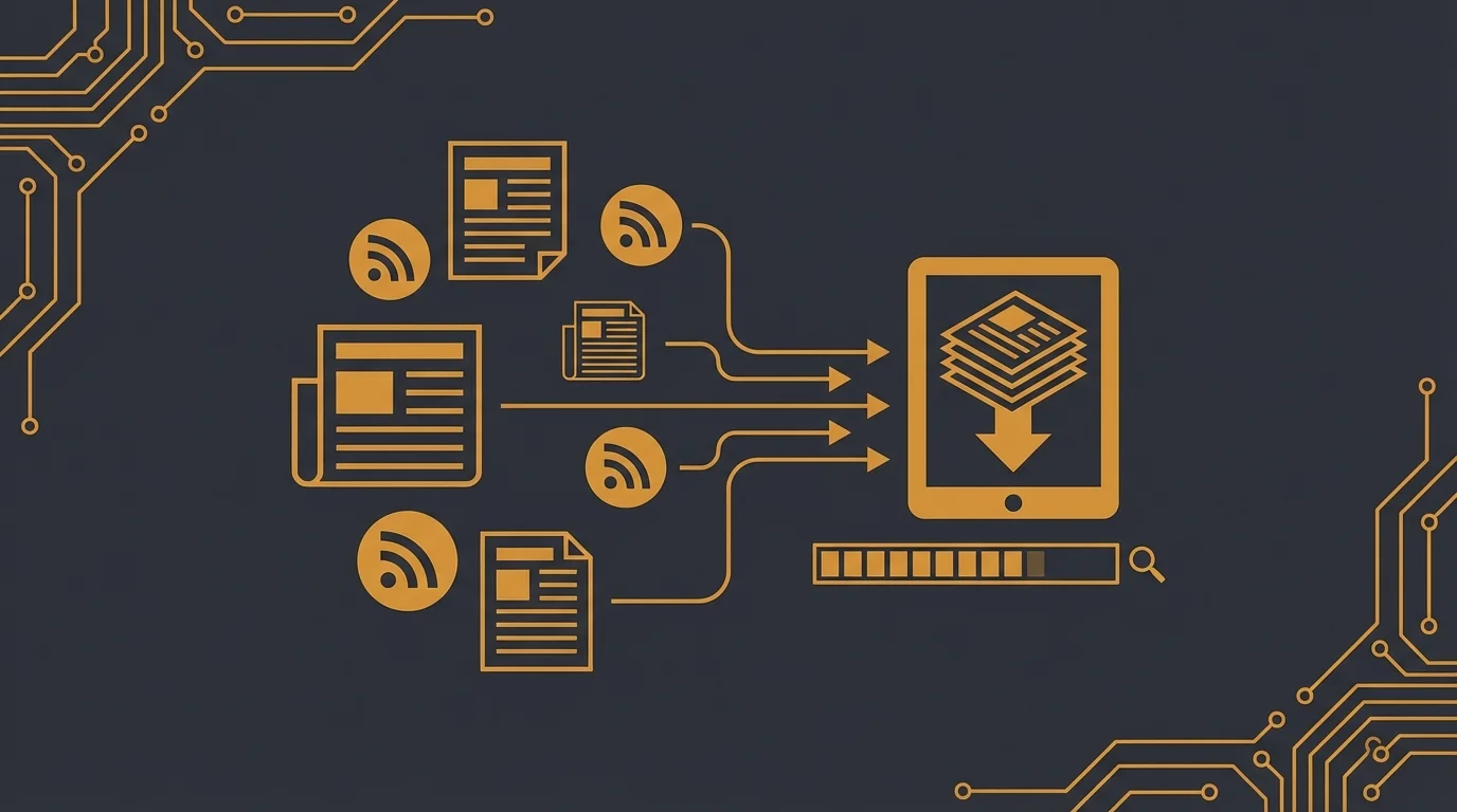OpenClaw multi-source news aggregator with glowing orange data streams from RSS, Twitter, GitHub, and web sources