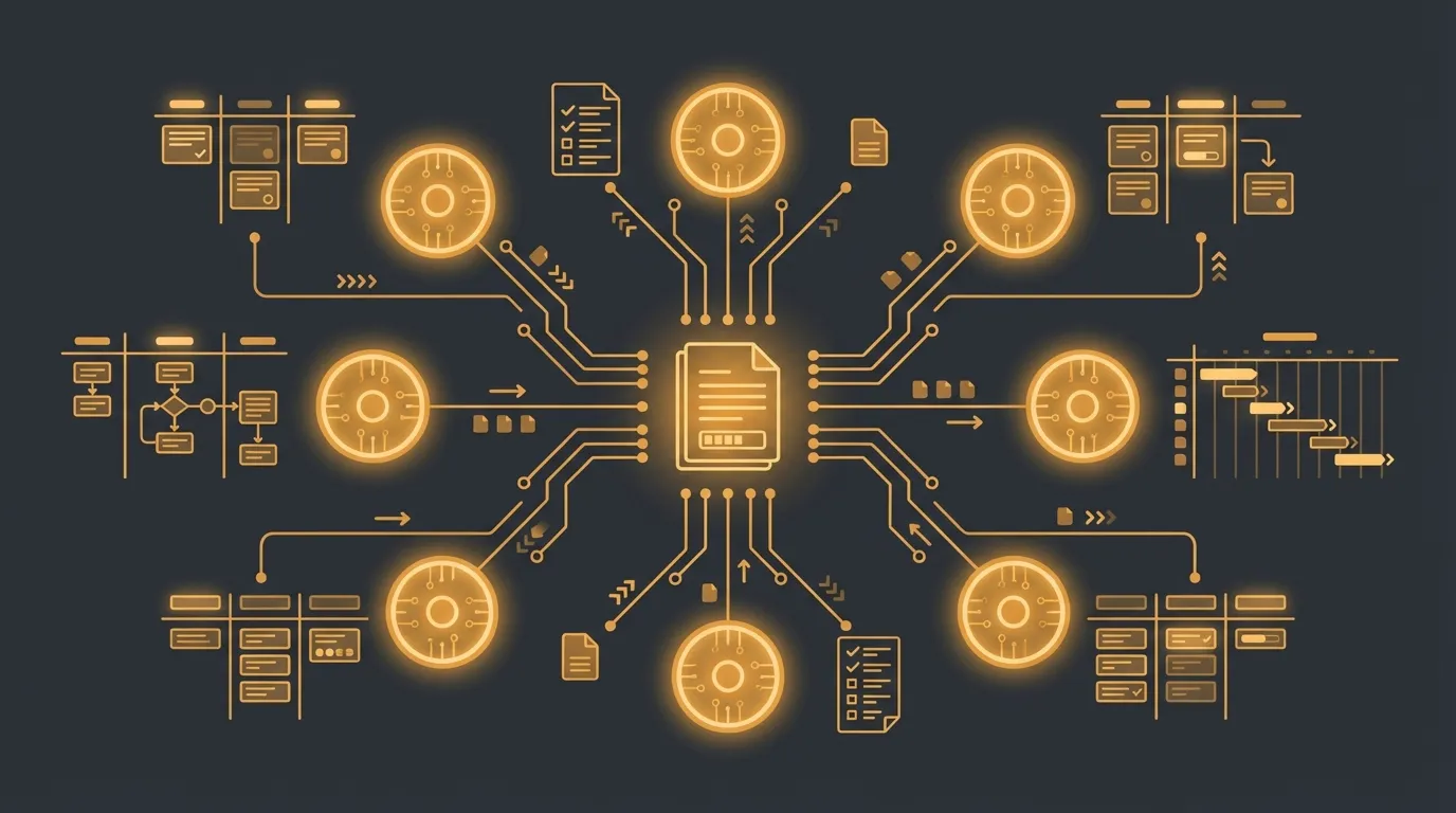 Dark tech illustration of multiple AI agent nodes coordinating through a shared state file with orange glowing connections