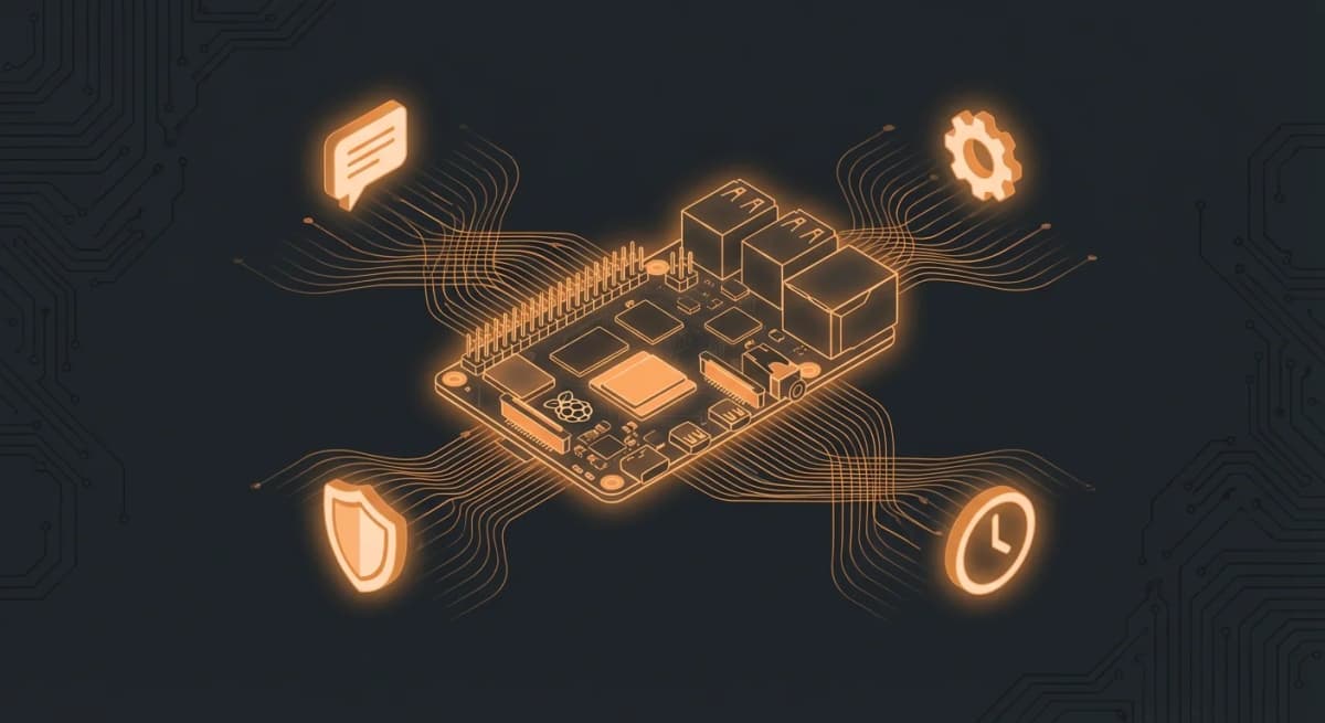 OpenClaw fonctionnant sur un Raspberry Pi avec des connexions orange lumineuses