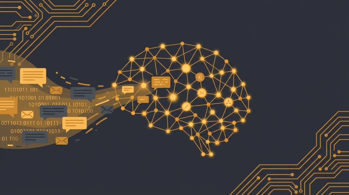 Concept de second cerveau avec réseau neuronal orange reliant notes et mémoires sur fond sombre