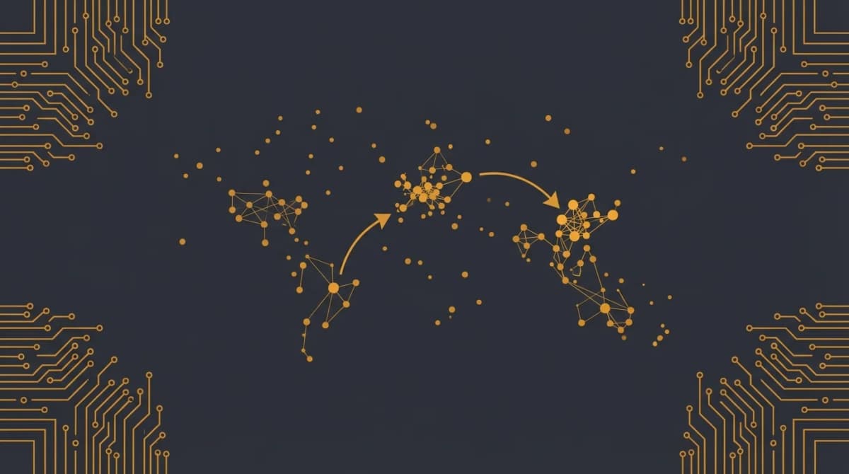 Semantic search concept with vector embeddings and memory files connected by glowing orange lines on dark background