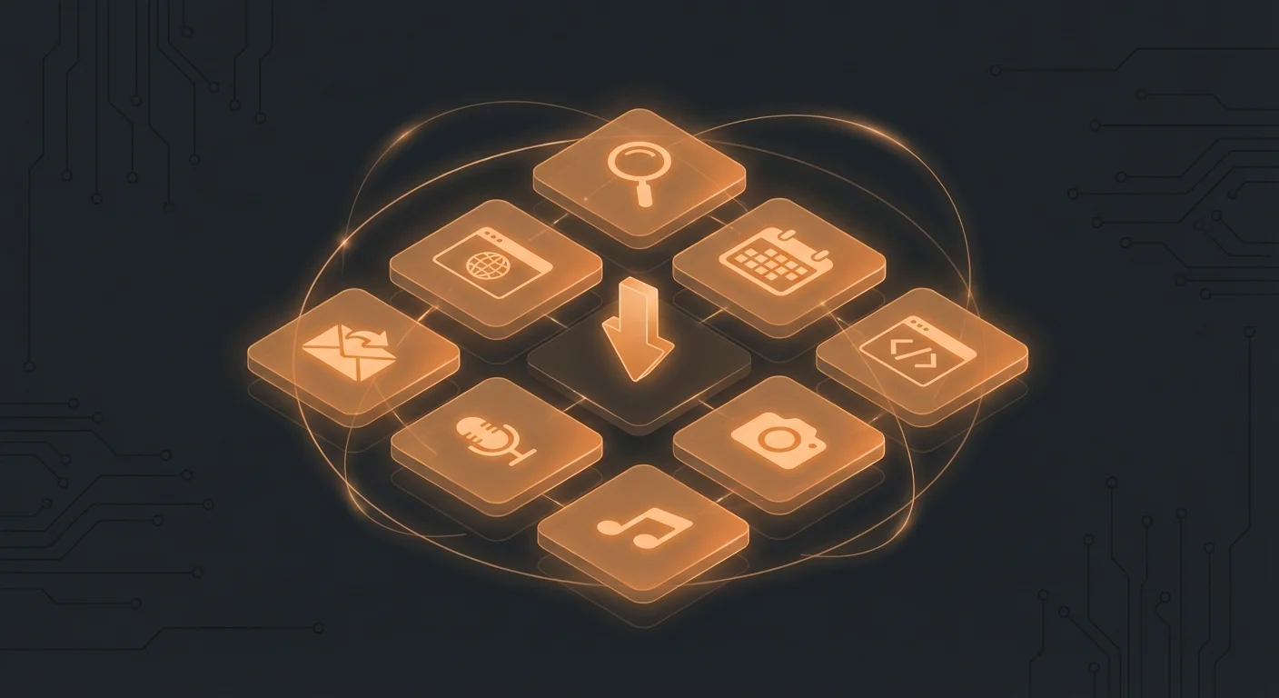 Grid of floating skill cards with glowing orange icons on dark background