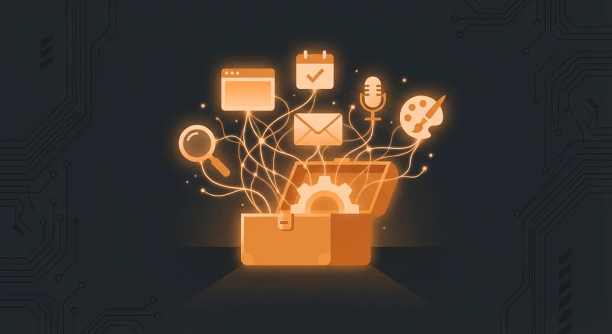 Vue d'ensemble des cas d'usage OpenClaw avec des icônes orange pour le business, la productivité, le DevOps et l'automatisation créative