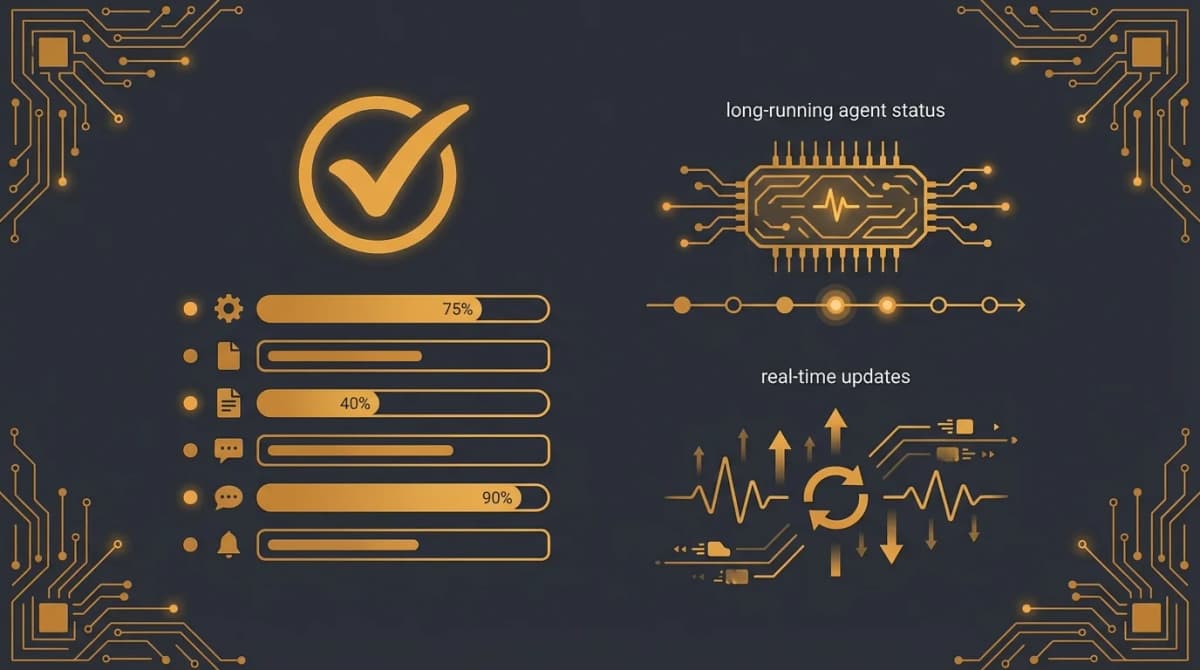 Un tableau de bord sombre et futuriste montrant des tâches et des mises à jour de progression synchronisées automatiquement