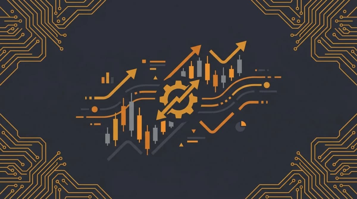 Trading bot dashboard with glowing orange charts and prediction market data on dark background