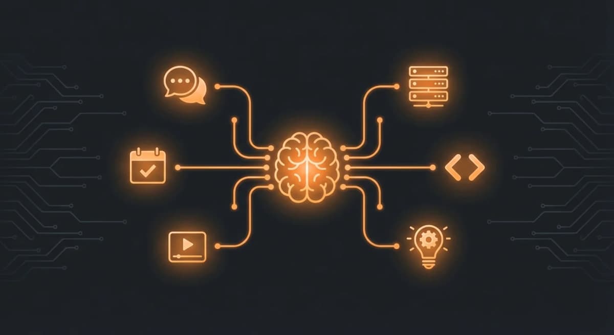 Aperçu des cas d'usage OpenClaw avec des icônes orange lumineuses représentant l'automatisation business, productivité, DevOps et création