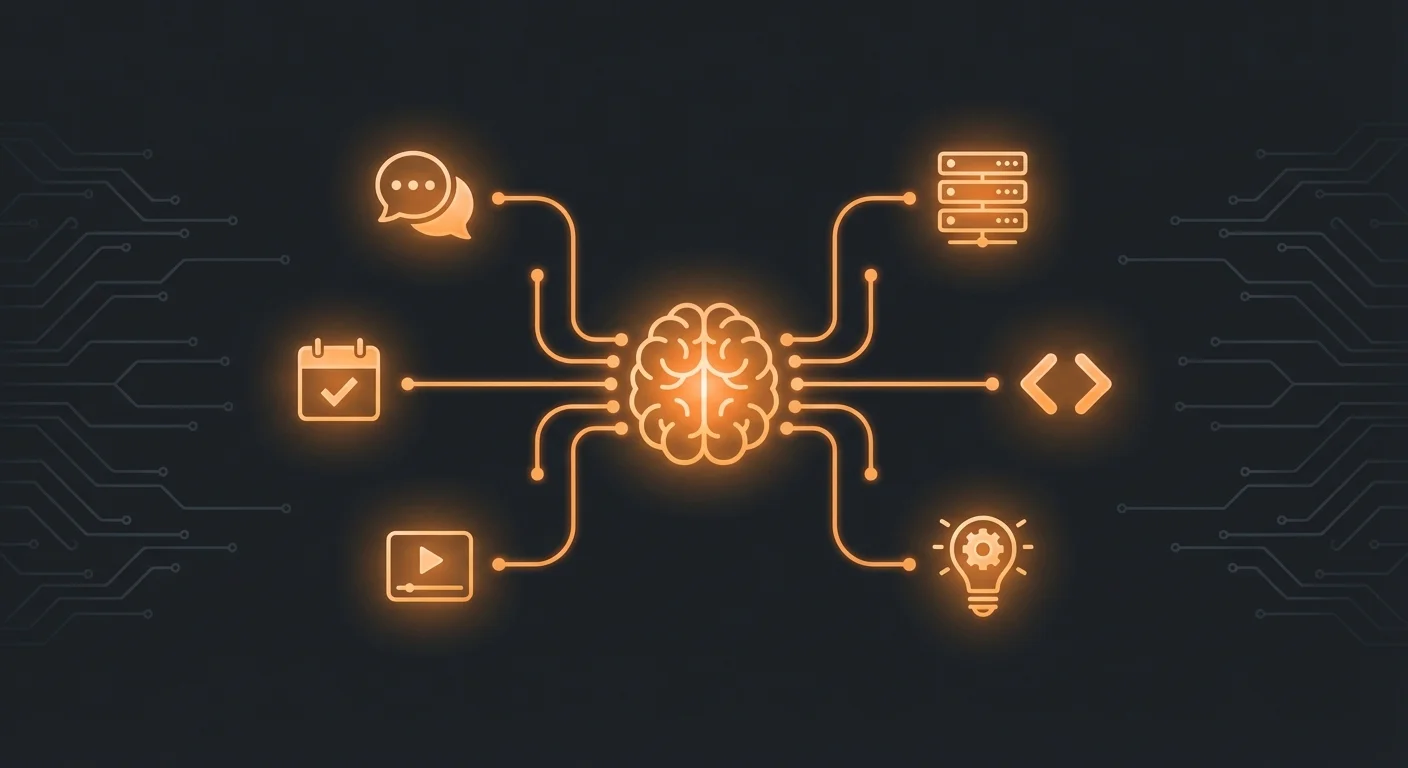 Aperçu des cas d'usage OpenClaw avec des icônes orange lumineuses représentant l'automatisation business, productivité, DevOps et création