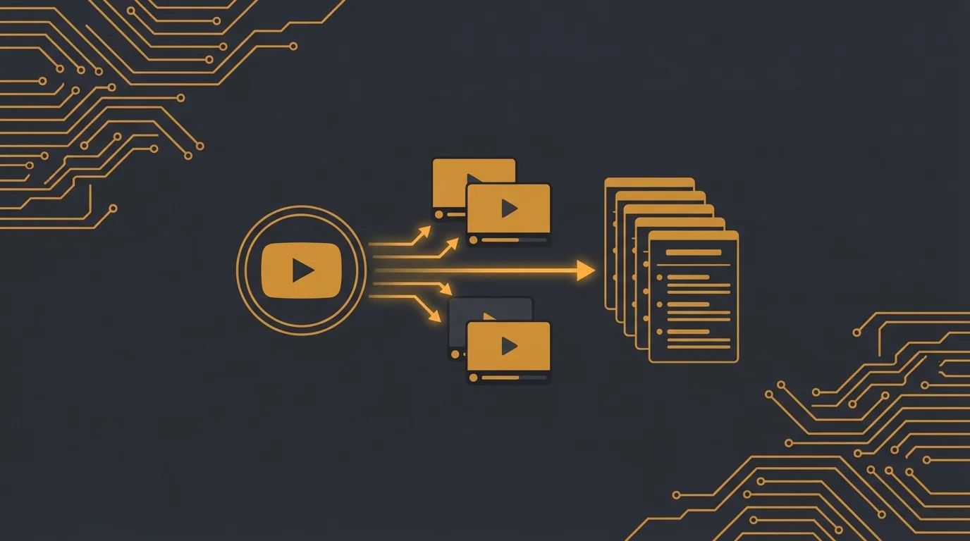 Digest YouTube OpenClaw montrant des miniatures de videos resumees par l'IA avec des connexions orange lumineux