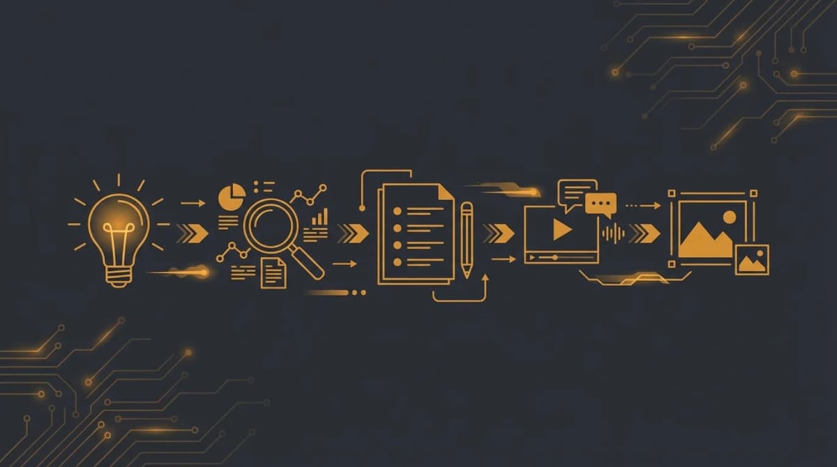 Un workflow créateur où des sources de recherche alimentent une base d'idées YouTube et des outlines prêts à produire